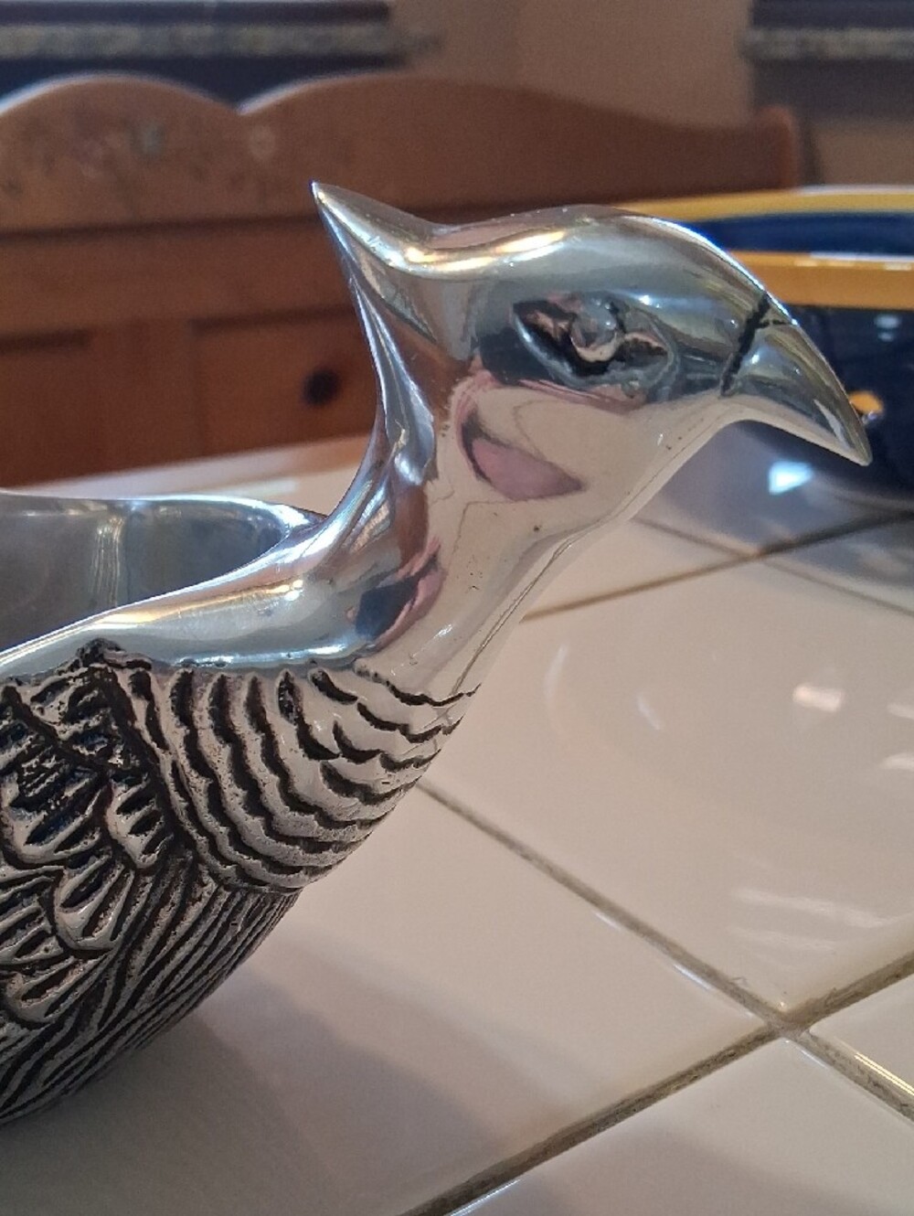 RARE FIND Pottery Barn Silvertone Pewter Pheasant Sauce Bowl With Tail Ladle. - Picture 3 of 16